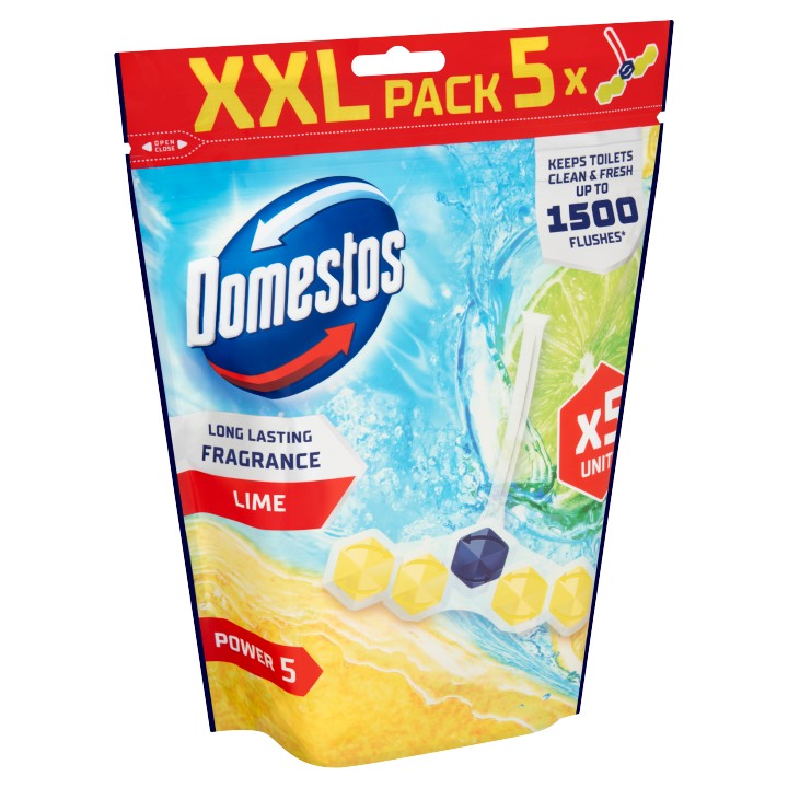 Brightly colored packaging featuring the Domestos logo, showcasing a lime fragrance with five toilet blocks, designed for long-lasting freshness and up to 1500 flushes.