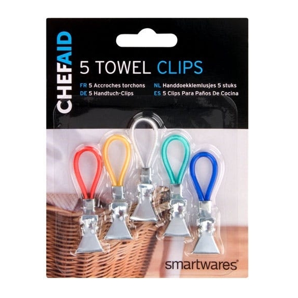 Five Chef Aid tea towel clips in assorted colors (red, orange, yellow, green, blue) with metal clips and plastic loops, packaged in a clear plastic blister.