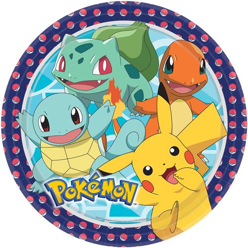 Colorful paper plates featuring Pikachu, Bulbasaur, Charmander, and Squirtle on a blue background, with a red border decorated with Poké Balls, sold in an 8-pack.