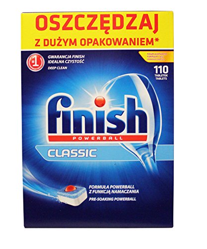 Bright yellow box featuring "Finish Classic Powerball" branding, with a blue and white design, containing 110 dishwasher tablets, emphasizing deep clean and pre-soaking power.