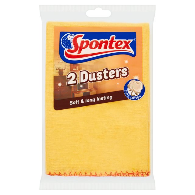 Yellow Spontex duster set packaging featuring two soft, long-lasting dusters made of cotton, with a clear label and a logo at the top.