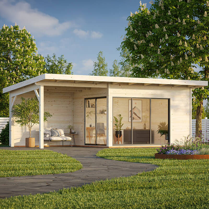 Contemporary log cabin with a light wood finish, featuring large sliding glass doors, a spacious gazebo, and a landscaped garden with greenery and flowers.