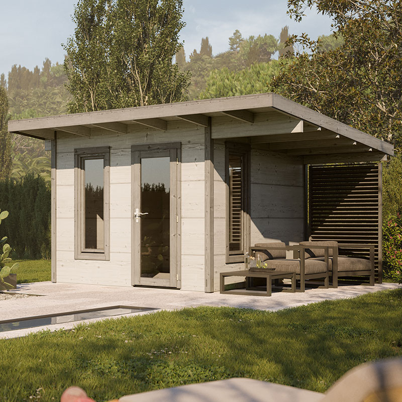 Stylish Palmako Grace pent log cabin in light grey wood, featuring large glass doors, a slanted roof, and a shaded patio area with outdoor seating.
