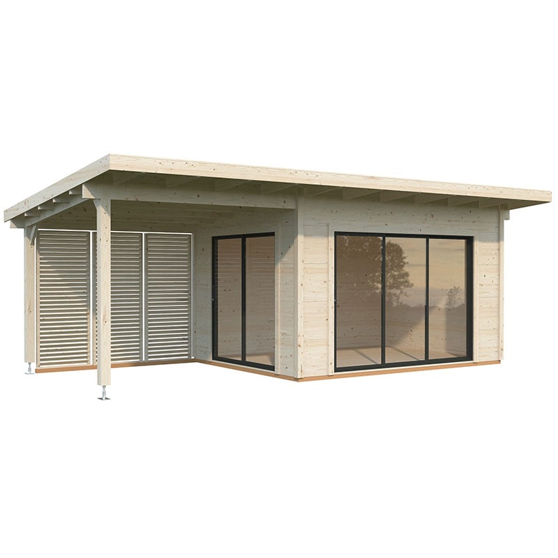 Stylish wooden log cabin in light timber with double glazed sliding doors, featuring a pent roof and a gazebo area, designed for outdoor relaxation.