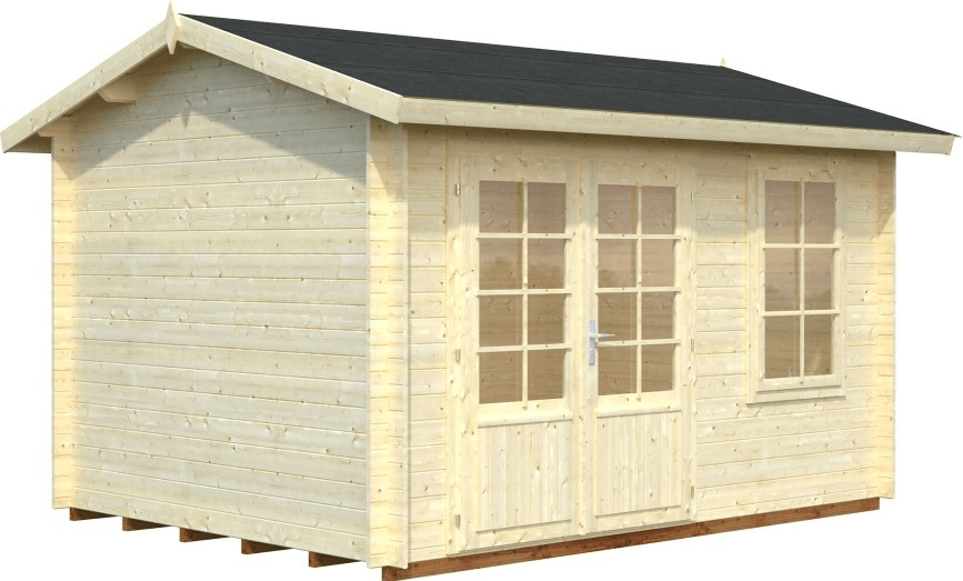 Light wood log cabin summer house with a black roof, featuring double doors and large windows, measuring 3.9m x 3m, designed for outdoor use.