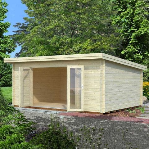 A light wood log cabin garden office with a flat roof, featuring large glass doors, surrounded by greenery and a stone pathway.