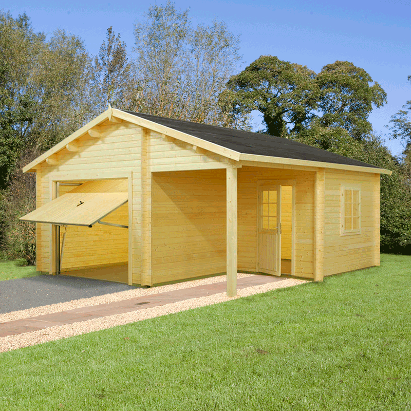 Light wooden log cabin garage with a sloped roof, featuring an up-and-over door, a side door, and windows, set on a grassy area with trees in the background.