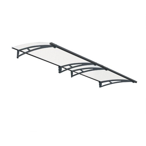 Grey and clear door canopy with a sleek, curved design, featuring a sturdy frame and transparent panels for weather protection, ideal for entranceways.