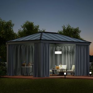 Gray fabric curtains set for the Palram Canopia Dallas 4900 gazebo, featuring a sleek design and providing privacy, with a cozy seating area illuminated by a pendant light.