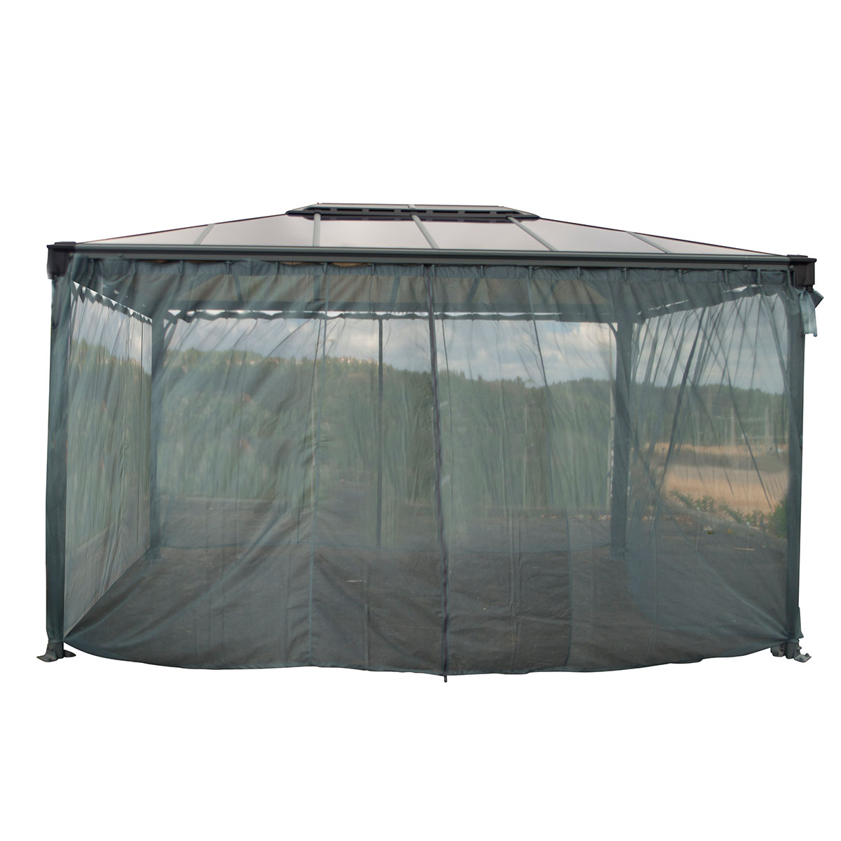 Dark green netting for the Palram Canopia Martinique 4300 gazebo, featuring a lightweight, sheer design with a zippered entrance and a spacious, open structure.