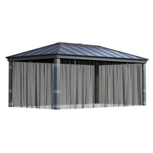 Gray mesh netting set designed for the Palram Canopia Dallas 6100 Garden Gazebo, featuring a sleek, modern design with a sturdy frame and privacy-enhancing curtains.