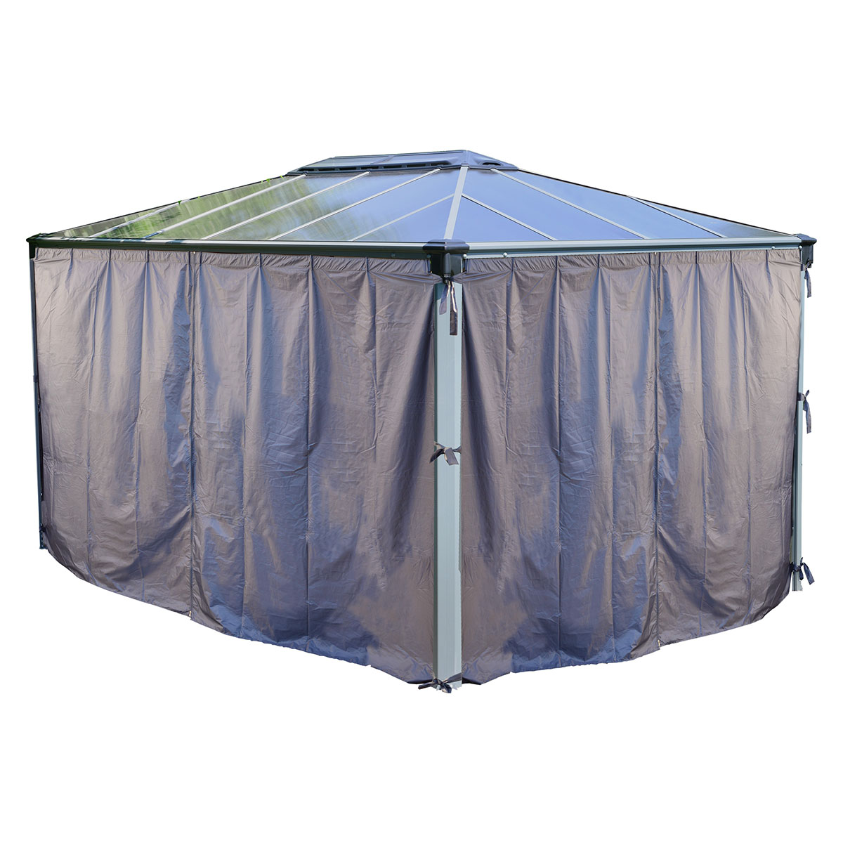 Light gray, weather-resistant curtains designed for the Palram Canopia Martinique 4300 gazebo, featuring a sleek, modern look and adjustable ties for secure fastening.