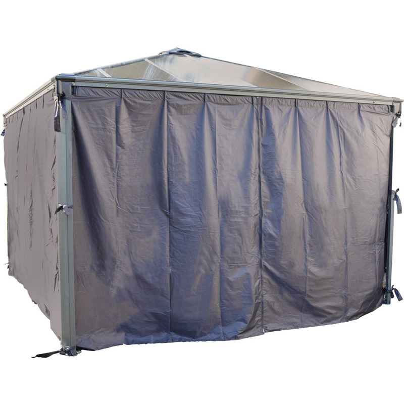 Gray, weather-resistant curtains designed for Palram Canopia Palermo 3000/3600 gazebos, featuring a sleek, modern look and tie closures for secure attachment.