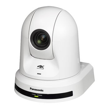 White Panasonic AW-UE50WEJ dome IP security camera with a sleek design, featuring a prominent lens and a 4K label, mounted on a circular base with indicator lights.
