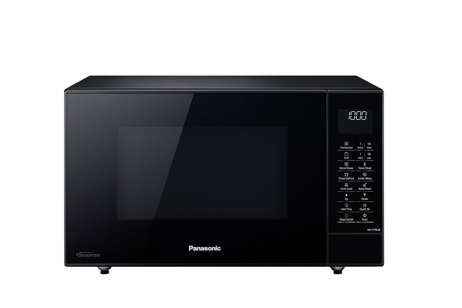 Black Panasonic combination inverter microwave with a 27-litre capacity, featuring a sleek glass door, digital display, and control panel with various cooking options.