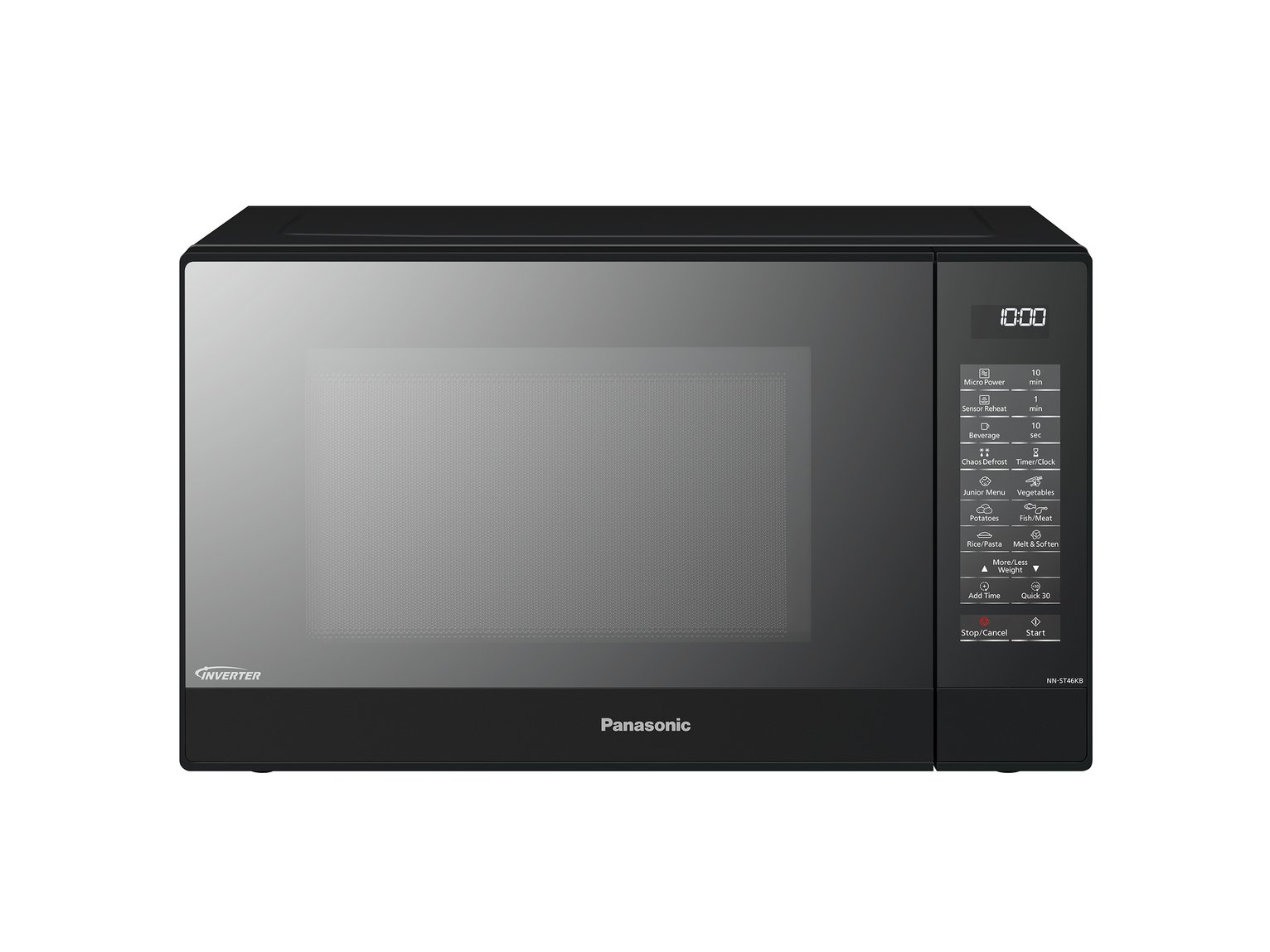 Black Panasonic microwave oven featuring a sleek design, glass door, digital control panel with buttons, and an easy-to-read display.