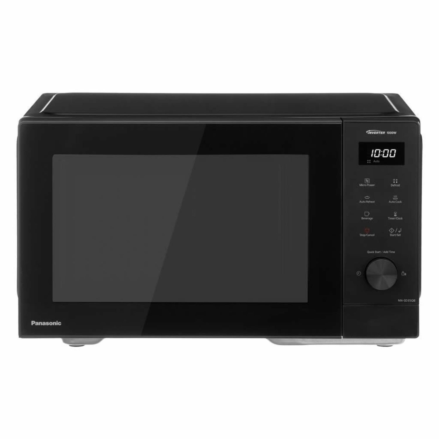 Black Panasonic 29L freestanding microwave featuring a sleek design, digital control panel, and a large glass door with a time display.