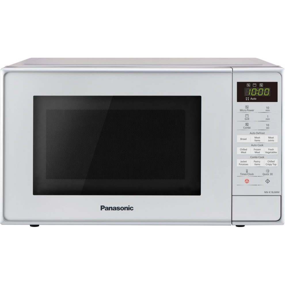 Silver Panasonic NN-K18JMMBPQ microwave with a 20-litre capacity, featuring a grill function, control panel with buttons and digital display, and a sleek design.