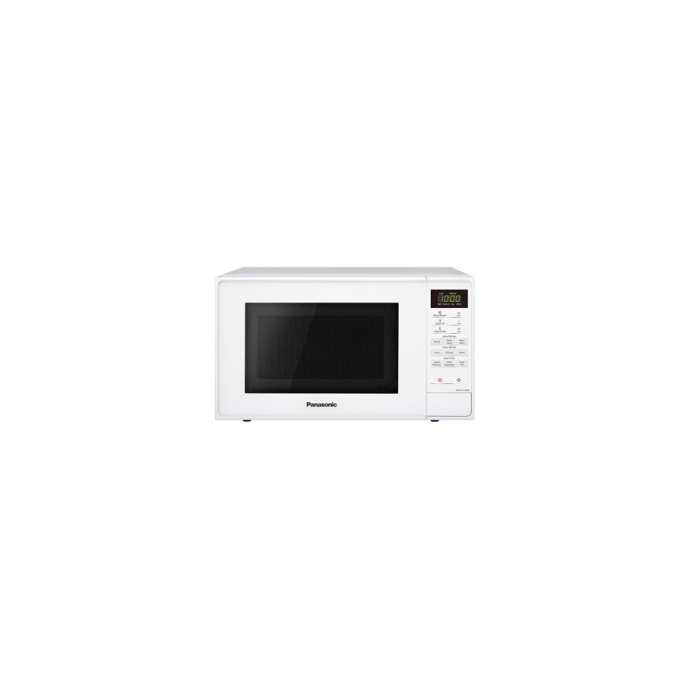 White Panasonic microwave with a black glass door, digital display, and control panel featuring buttons and a dial on the right side.