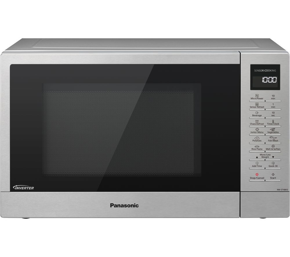 Silver Panasonic Solo Inverter Microwave Oven featuring a sleek stainless steel exterior, a black glass door, and an array of buttons for various cooking settings on the side.