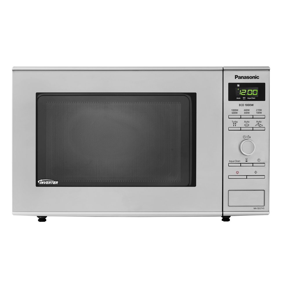 Stainless steel Panasonic NN-SD27HSBPQ microwave oven with a 23-litre capacity, 1000 W power, digital display, and control panel featuring buttons and a dial.