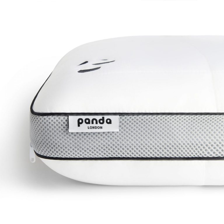 White hybrid memory foam pillow with a bamboo cover, featuring a grey mesh side and a black logo tag labeled "panda LONDON."