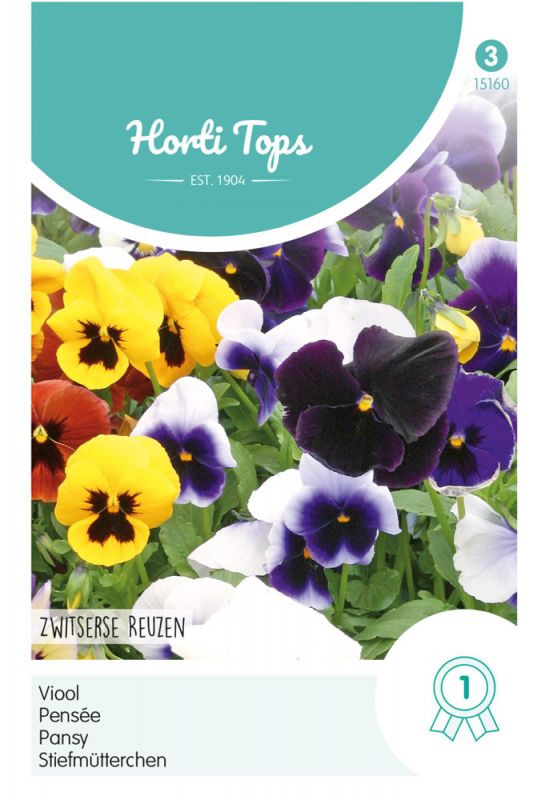 Colorful packet of Hortitops Bloemzaden featuring vibrant pansy flowers in shades of yellow, purple, and white, with a blue and green design and a ribbon indicating quality.