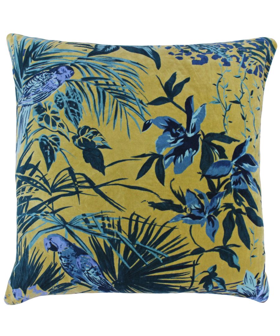 Teal round cushion featuring a vibrant Amazon jungle botanical print with tropical birds and lush foliage on a soft fabric.