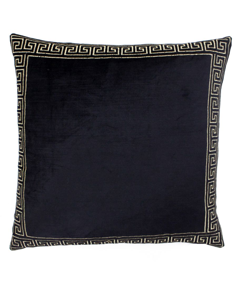 Black cotton cushion measuring 50 cm x 50 cm, featuring a soft texture and a decorative gold Greek key border.