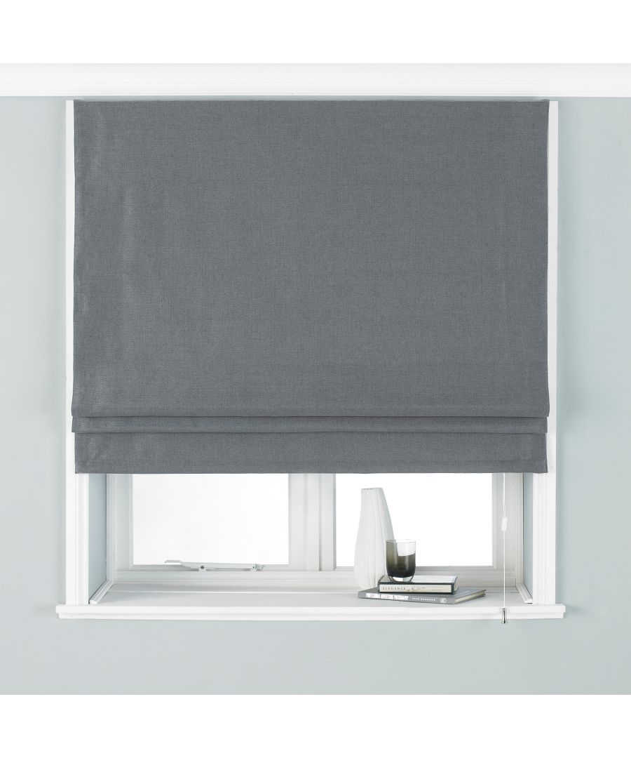 Gray woven blackout Roman blind with a smooth texture, featuring a clean, minimalist design, neatly folded at the bottom, mounted on a white window frame.