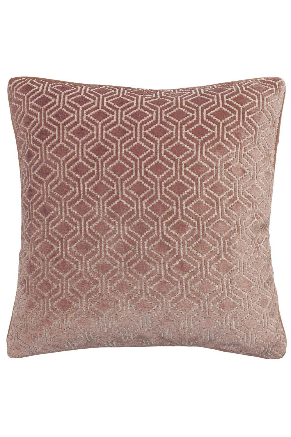 Pink jacquard cushion featuring a geometric pattern with piped edges, measuring 45cm x 45cm, made from soft fabric for a stylish accent.