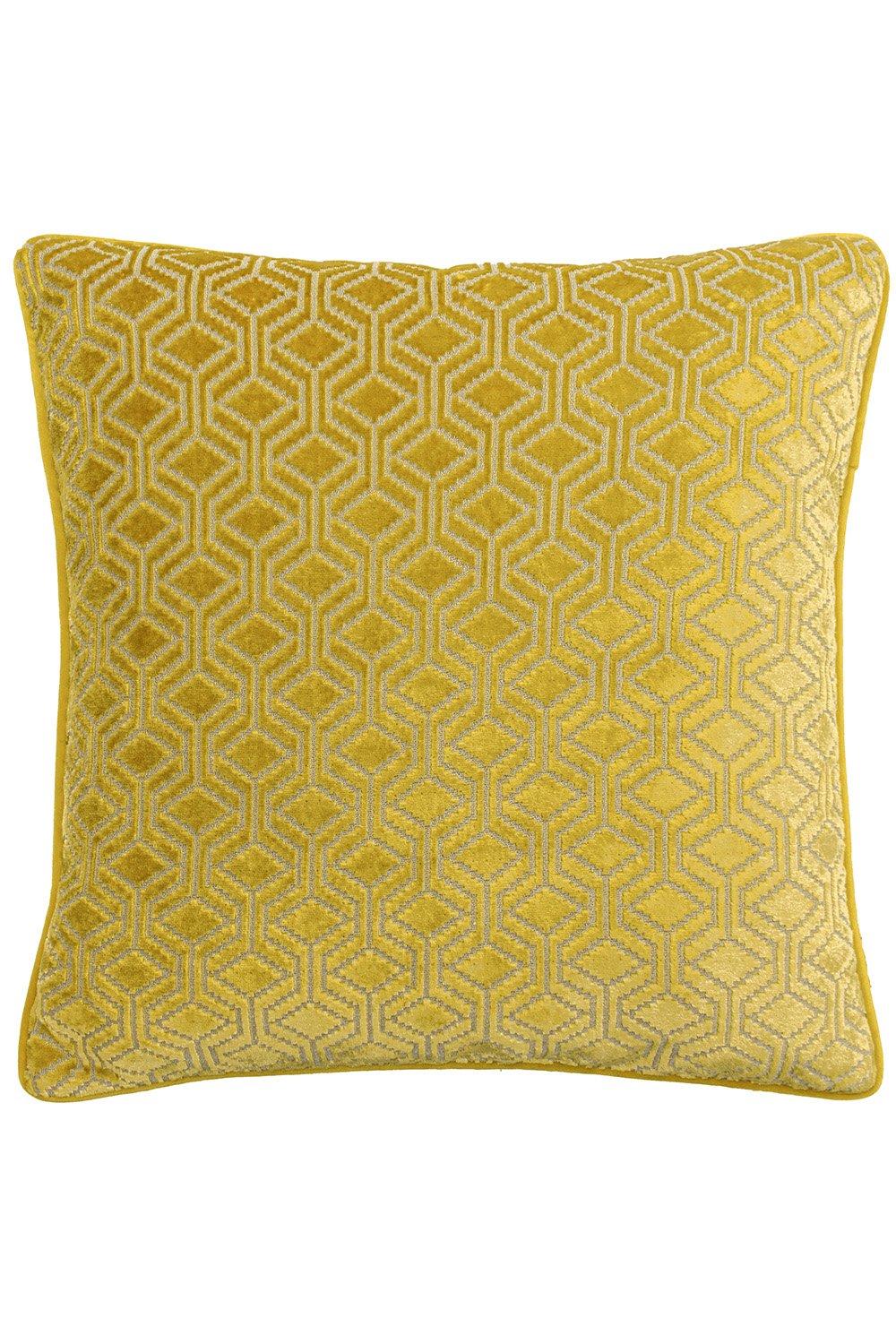 Yellow cushion featuring a geometric hexagonal pattern in a soft, textured fabric, with a piped edge for added detail.
