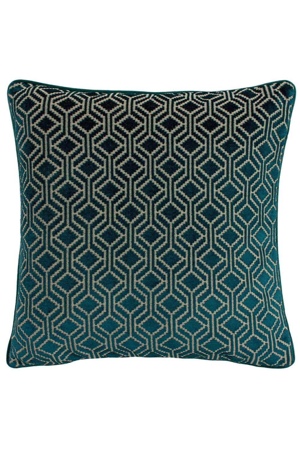 Teal cushion featuring a geometric pattern in cream and gold, with a plush texture and piped edges, perfect for adding a stylish touch to any space.