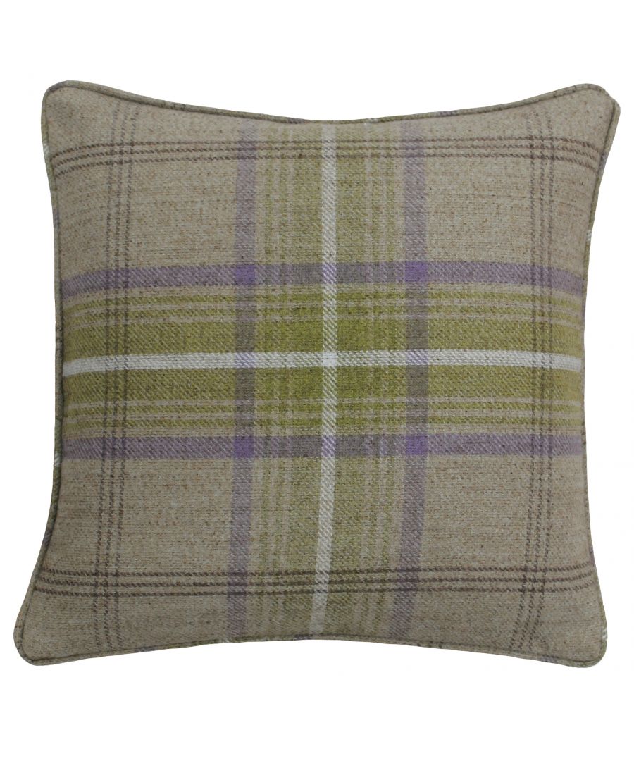 Multicoloured 45x45 cm cushion featuring a thistle plaid design in shades of green, purple, and beige, with a textured fabric and piped edges.