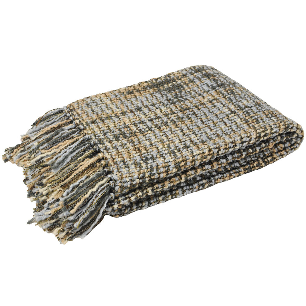 Chunky knit throw in blue, featuring a textured pattern with fringed edges, measuring 140 cm x 180 cm, ideal for adding warmth and style to any space.