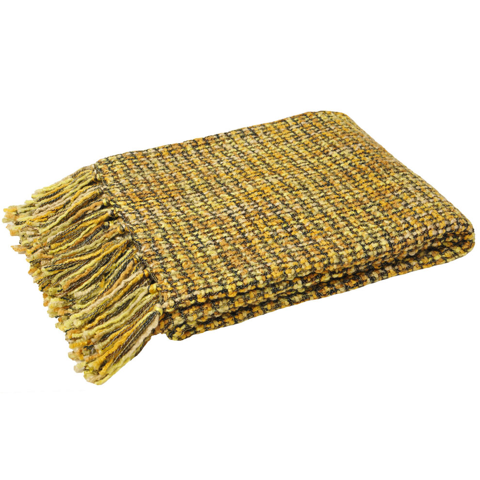 Woven fringed throw in warm yellow and brown tones, featuring a textured pattern and soft fringe edges, perfect for adding warmth and style to any space.