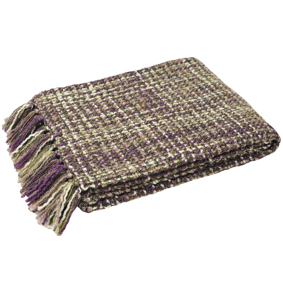 Chunky knit throw in purple tones, featuring a textured weave and fringed edges, measuring 140 cm x 180 cm, perfect for cozying up or adding a decorative touch.