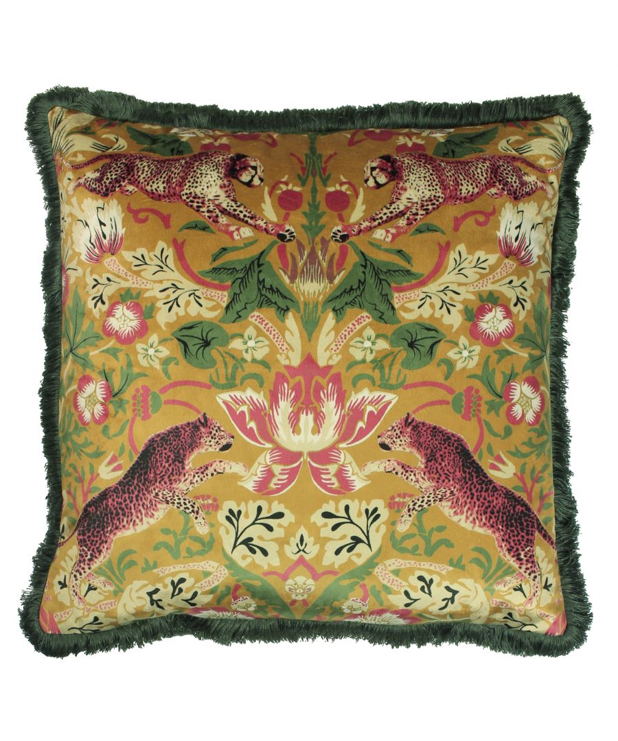 Mustard cushion featuring a vibrant floral and leopard print design, bordered with a dark green fringed trim, measuring 50 cm x 50 cm.
