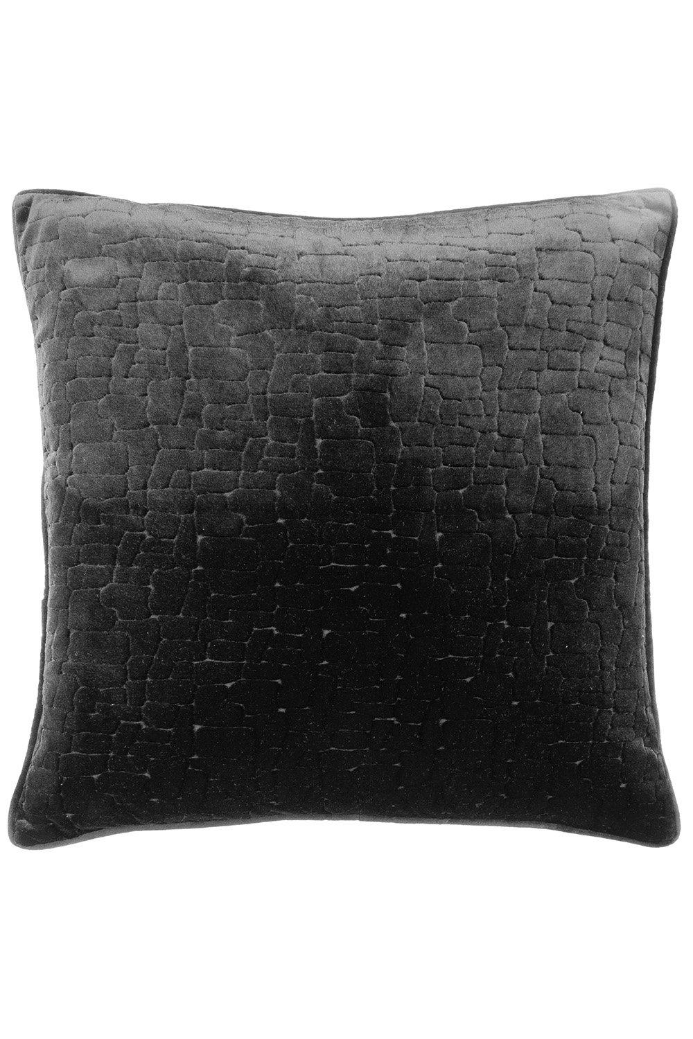 Black cut velvet cushion featuring a textured, patterned surface and piped edges, designed by Paoletti, available in one size.