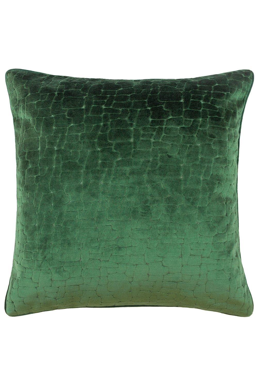 Emerald green cut velvet cushion with a textured surface and piped edges, featuring a square shape and soft filling, perfect for adding elegance to any decor.