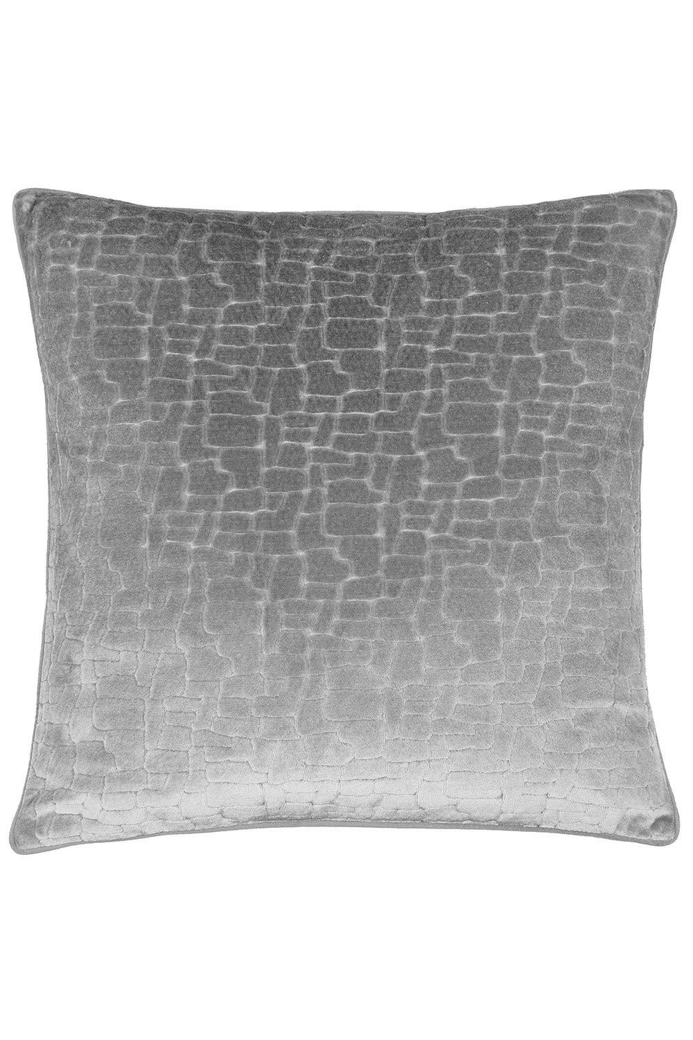 Silver cut velvet cushion featuring a textured, abstract pattern with piped edges, designed by Paoletti, measuring one size.