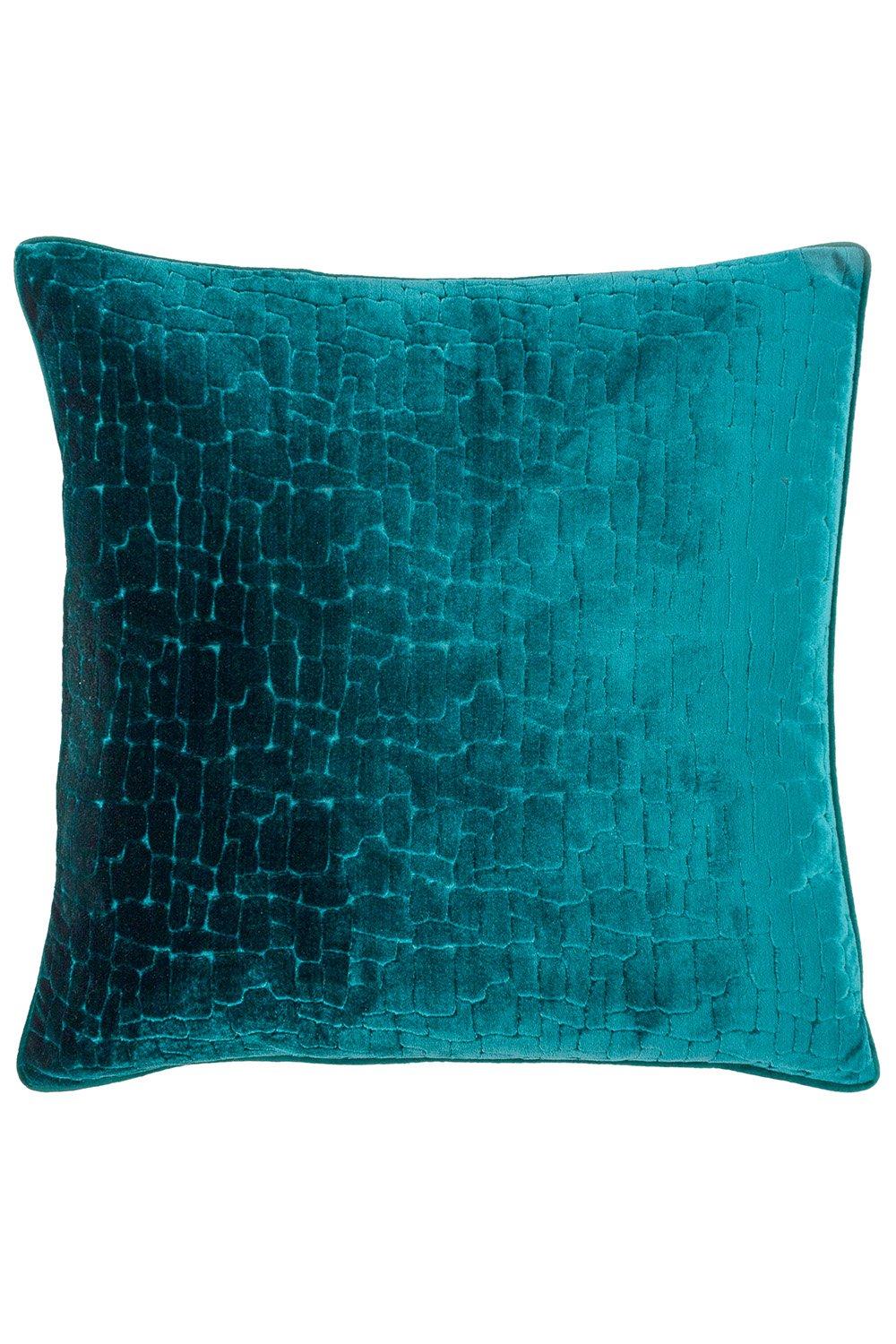 Teal soft cut velvet cushion with a textured pattern and piped edges, measuring 50cm x 50cm, ideal for adding a touch of luxury to any space.