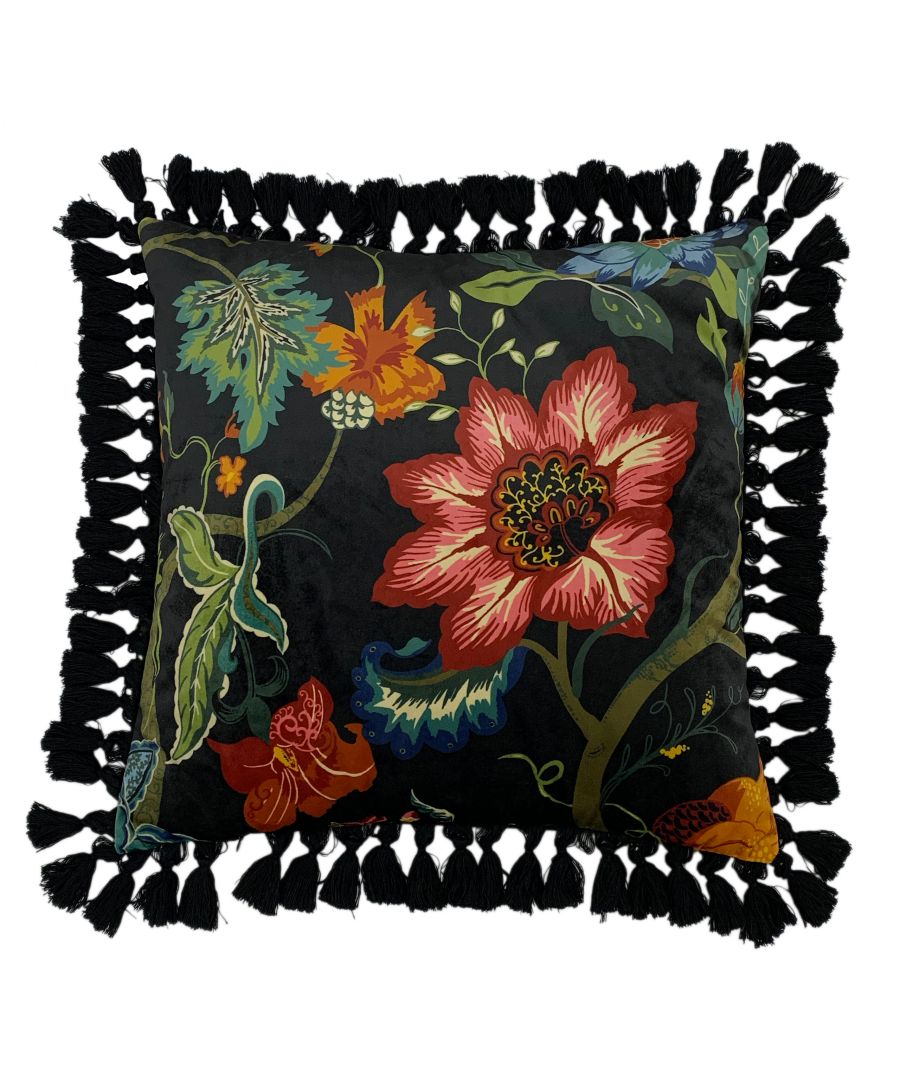 Black poly cushion featuring vibrant floral patterns in red, green, and blue, adorned with a decorative black tassel trim.