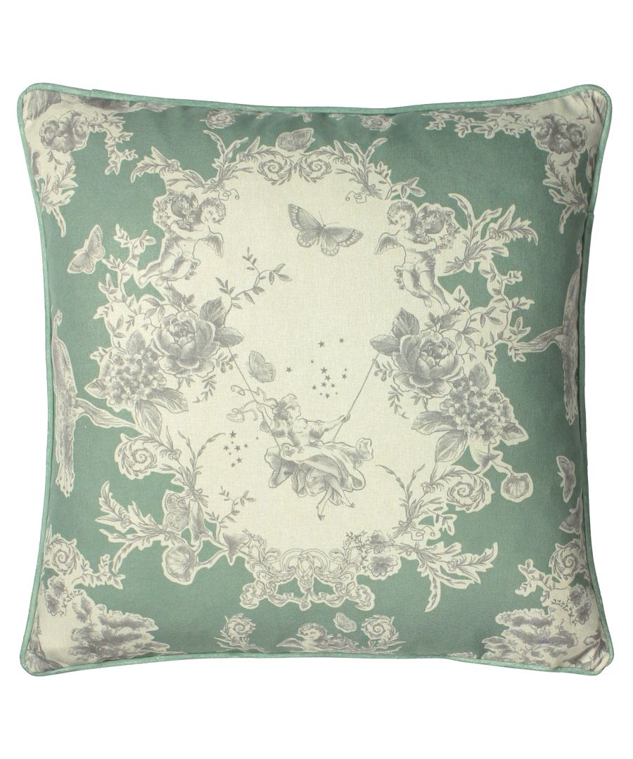 Green Paoletti Burford cushion featuring a floral and cherub design in soft grey tones, measuring 50 cm x 50 cm, with a piped edge for added detail.