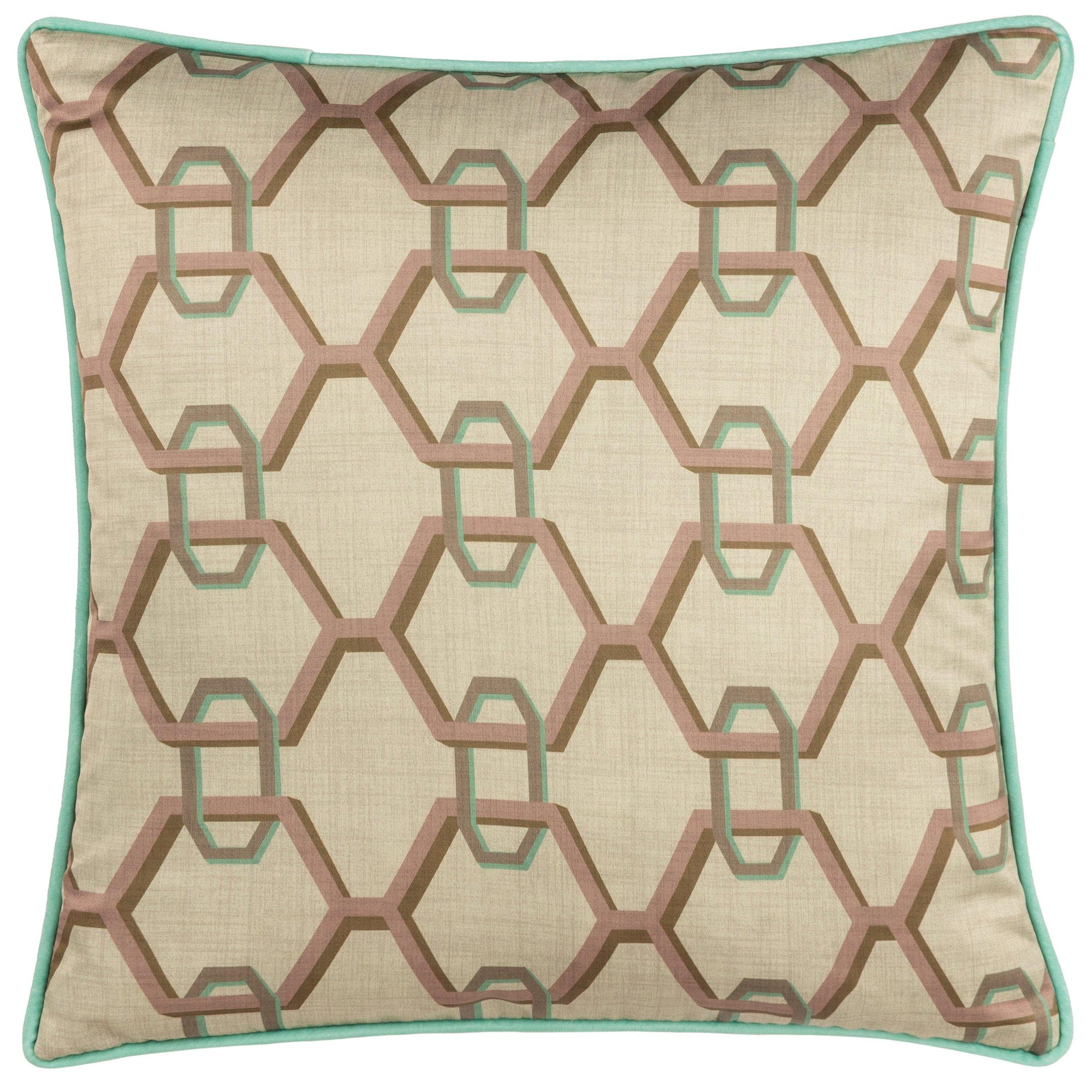 Ivory satin cushion featuring a geometric chain pattern in brown and teal, with a contrasting teal piped edge, measuring 45cm x 45cm.