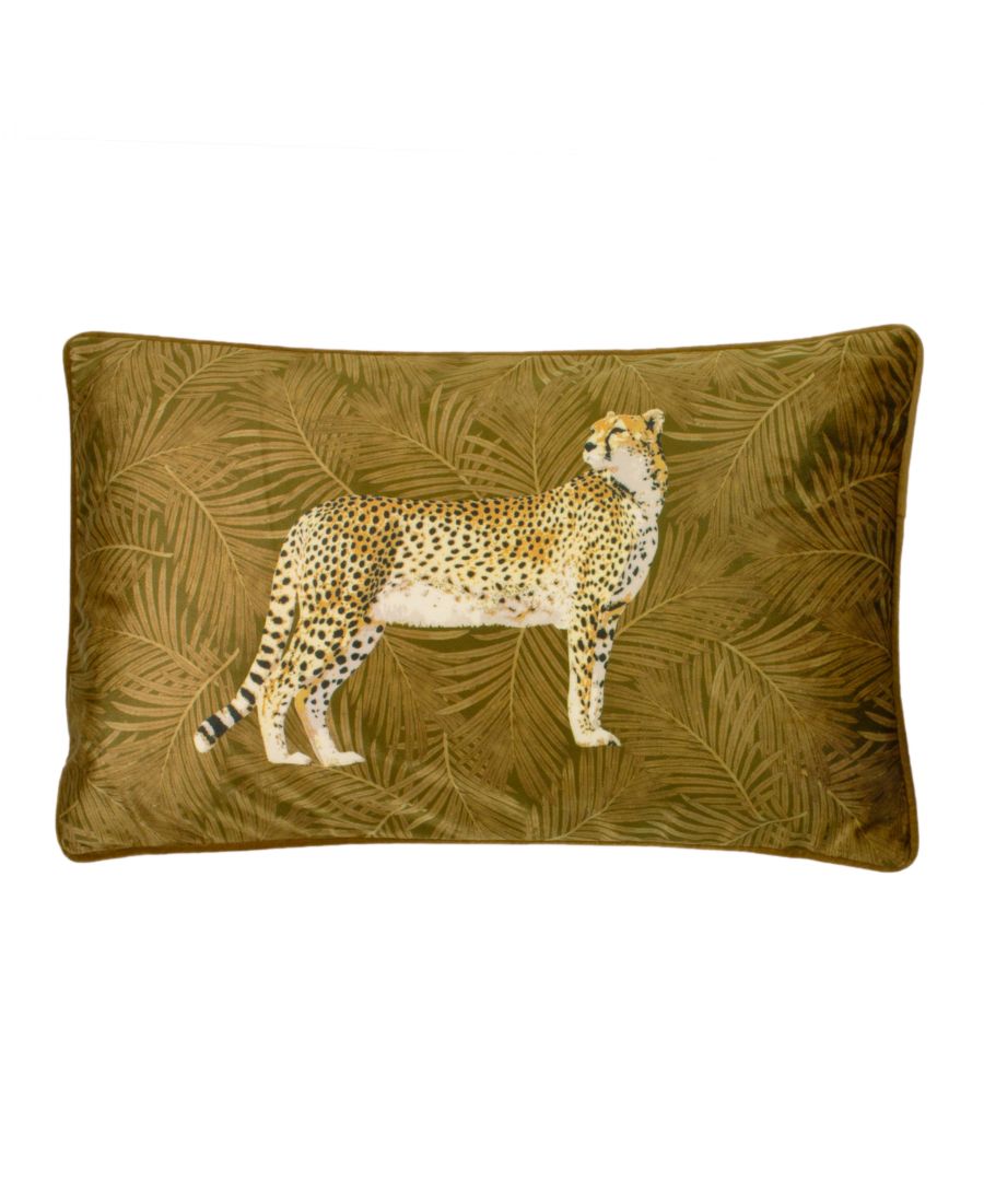 Gold velvet cushion featuring a cheetah design on a leafy forest background, piped edges, measuring 30cm x 50cm.