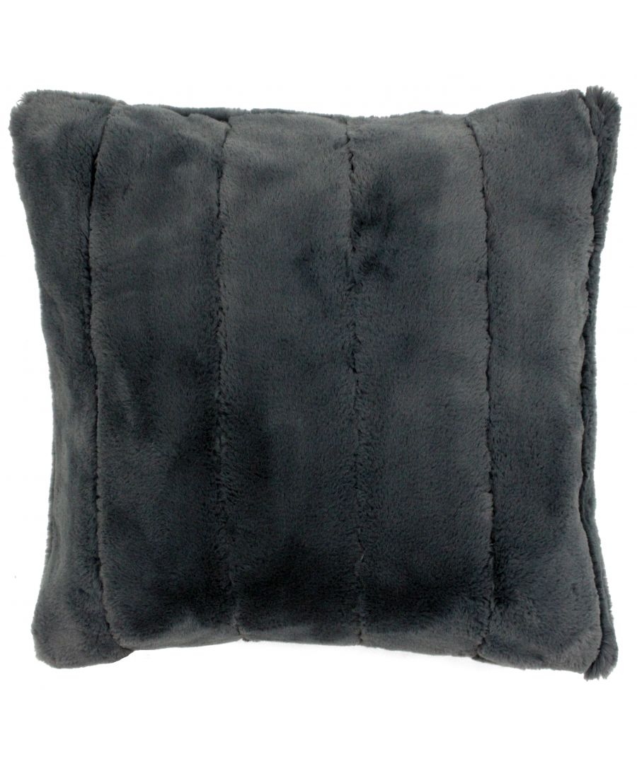 Charcoal grey faux fur cushion by Paoletti, featuring a soft, plush texture with stitched panels, measuring 45cm x 45cm.