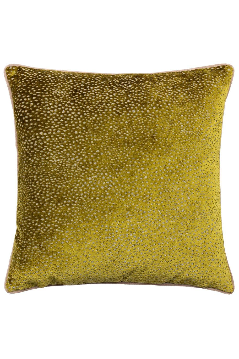 Green cut velvet cushion featuring a spotted design, piped edges, and a soft texture, perfect for adding a touch of elegance to any space.