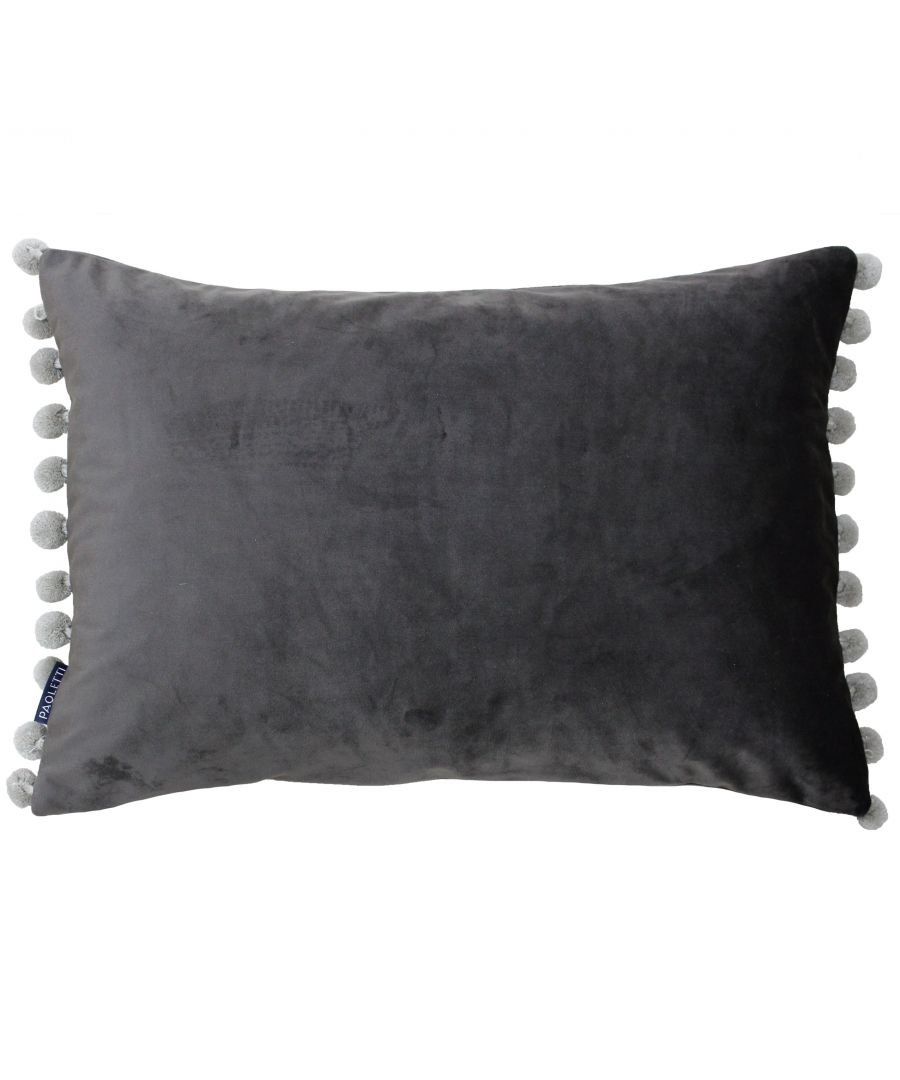 Rectangular cushion in mink color with a soft velvet texture, featuring decorative grey pom-pom trim along the edges, measuring 35x50 cm.