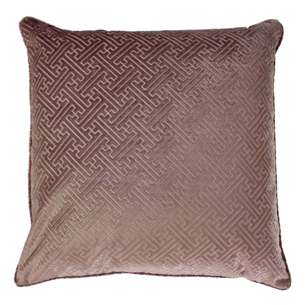 Light pink embossed velvet cushion featuring a geometric pattern, measuring 55cm x 55cm, with a soft texture and piped edges.